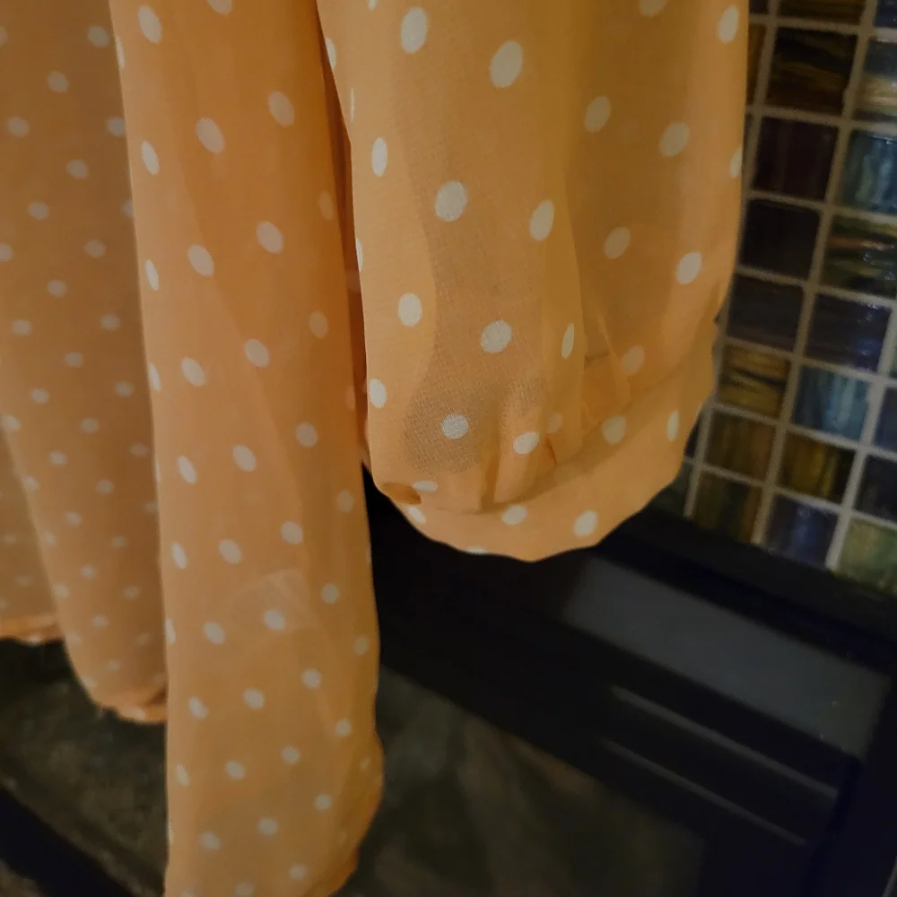 Sheer peach chiffon blouse with white polka-dots. Pearl and gold buttons. Size L - Picture 5 of 12